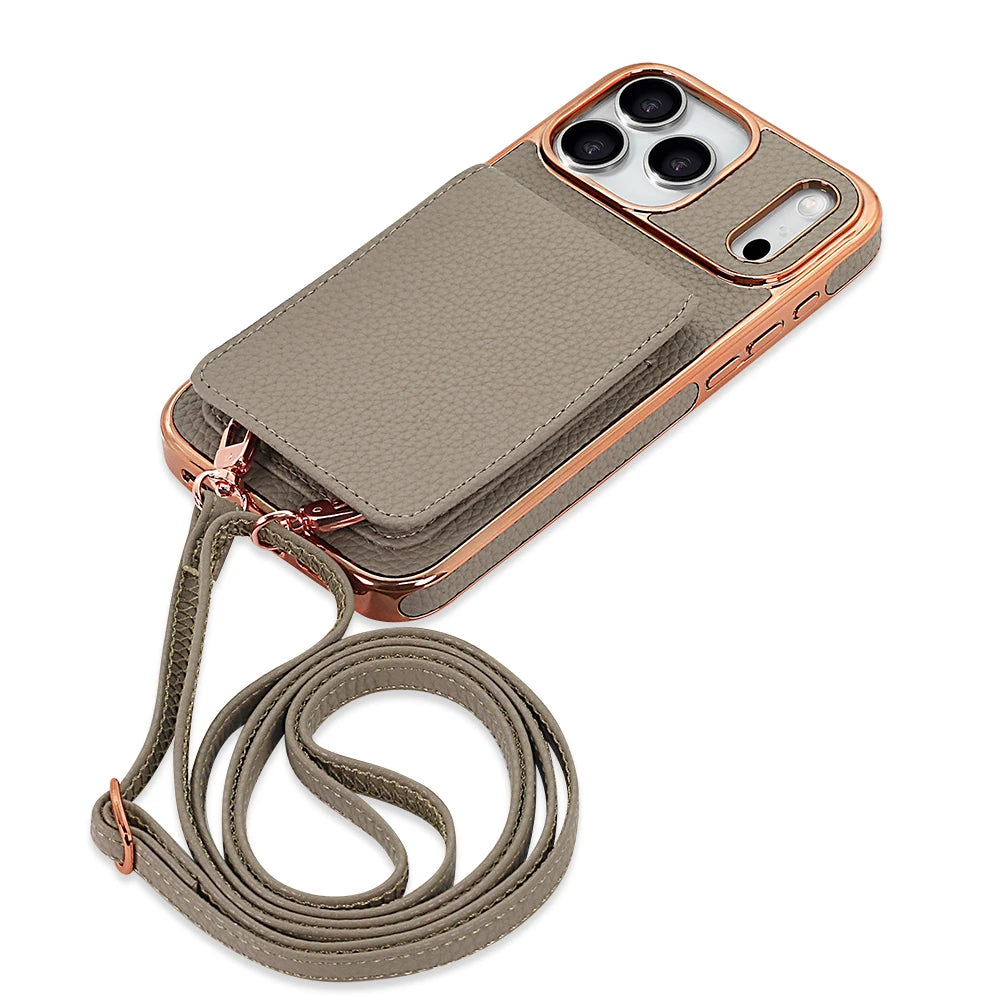 كفر آيفون جلد PU مع حامل بطاقات وحزام كروس بودي طويل – تصميم مطلي أنيق من VIETAO