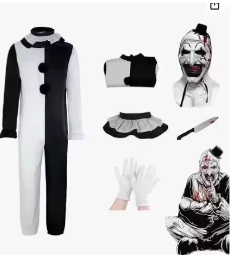 زي المهرّج المرعب للكبار – بدلة تنكرية للهالوين مع قناع مرعب وسكين إكسسوار