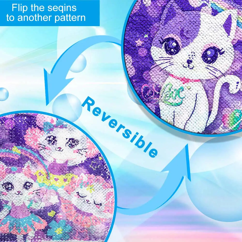 حقيبة مدرسية متدحرجة 3 قطع للبنات، حقيبة بعجلات مع حقيبة غداء، تصميم قطة بنفسجية، خاصية التوهج في الظلام.