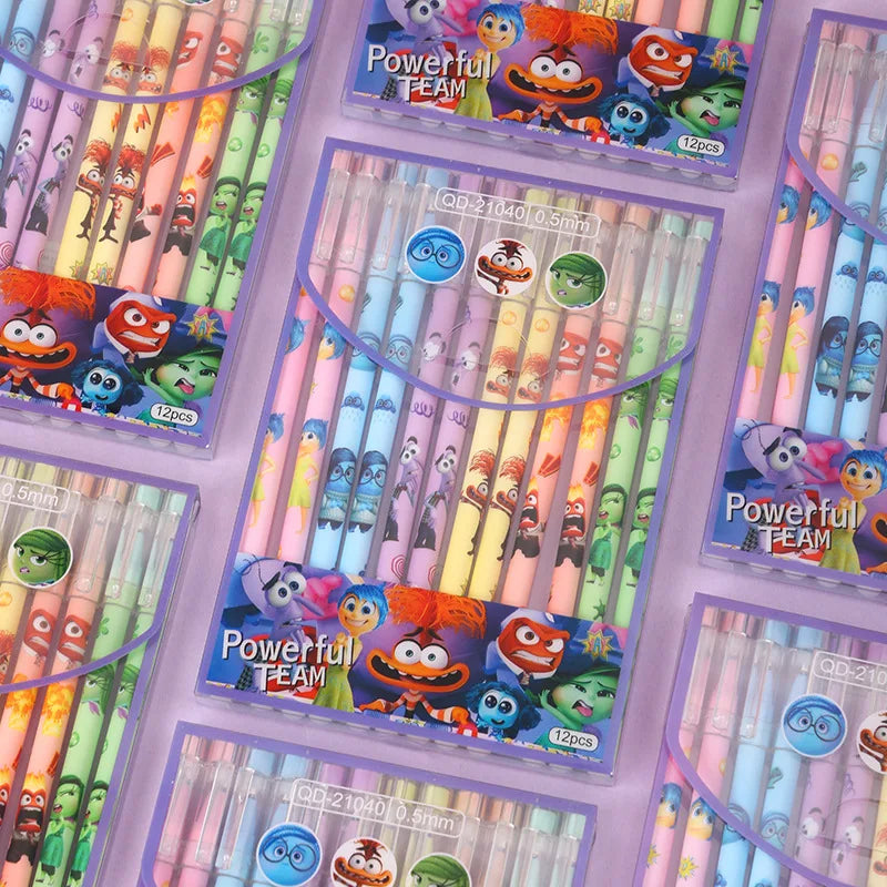 طقم 12 قلم جل ديزني Inside Out – تصميم كيوت، قابل للمسح، حبر أزرق/أسود 0.5 مم