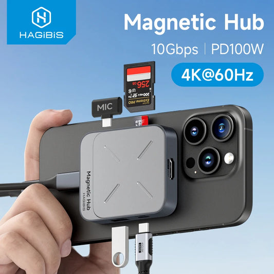 قاعدة USB-C مغناطيسية من Hagibis – 7 منافذ | 4K HDMI + شحن سريع 100W + قارئ كروت – متوافقة مع MacBook وiPhone 16/15 Pro