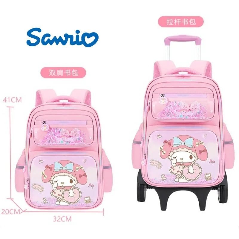 حقيبة مدرسية بعجلات Kuromi للبنات – تصميم كرتوني Melody – كبيرة السعة مع خيار 2 أو 6 عجلات لتخفيف الحمل