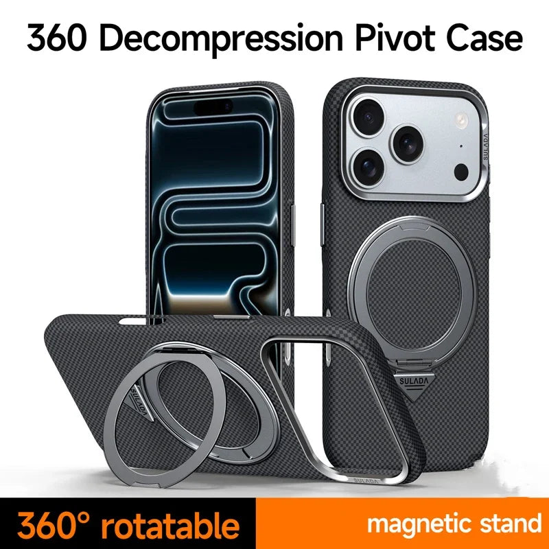 كفر آيفون مغناطيسي مع حامل دوّار 360° وعدسة سبائك – تصميم ألياف كربونية ودعم شحن لاسلكي