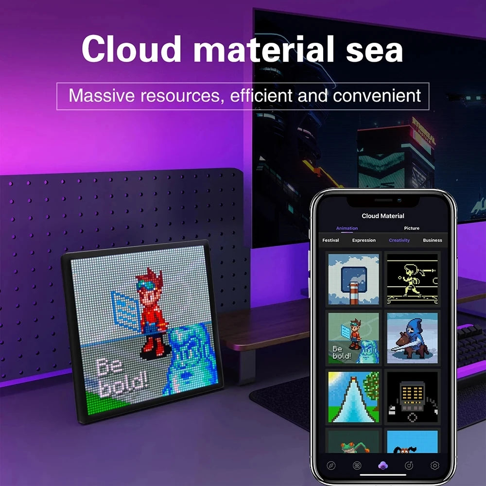 شاشة عرض ذكية بإضاءة LED RGB – مصفوفة بيكسل 64×64 | تحكم عبر البلوتوث والتطبيق | ديكور فني للألعاب والأنمي