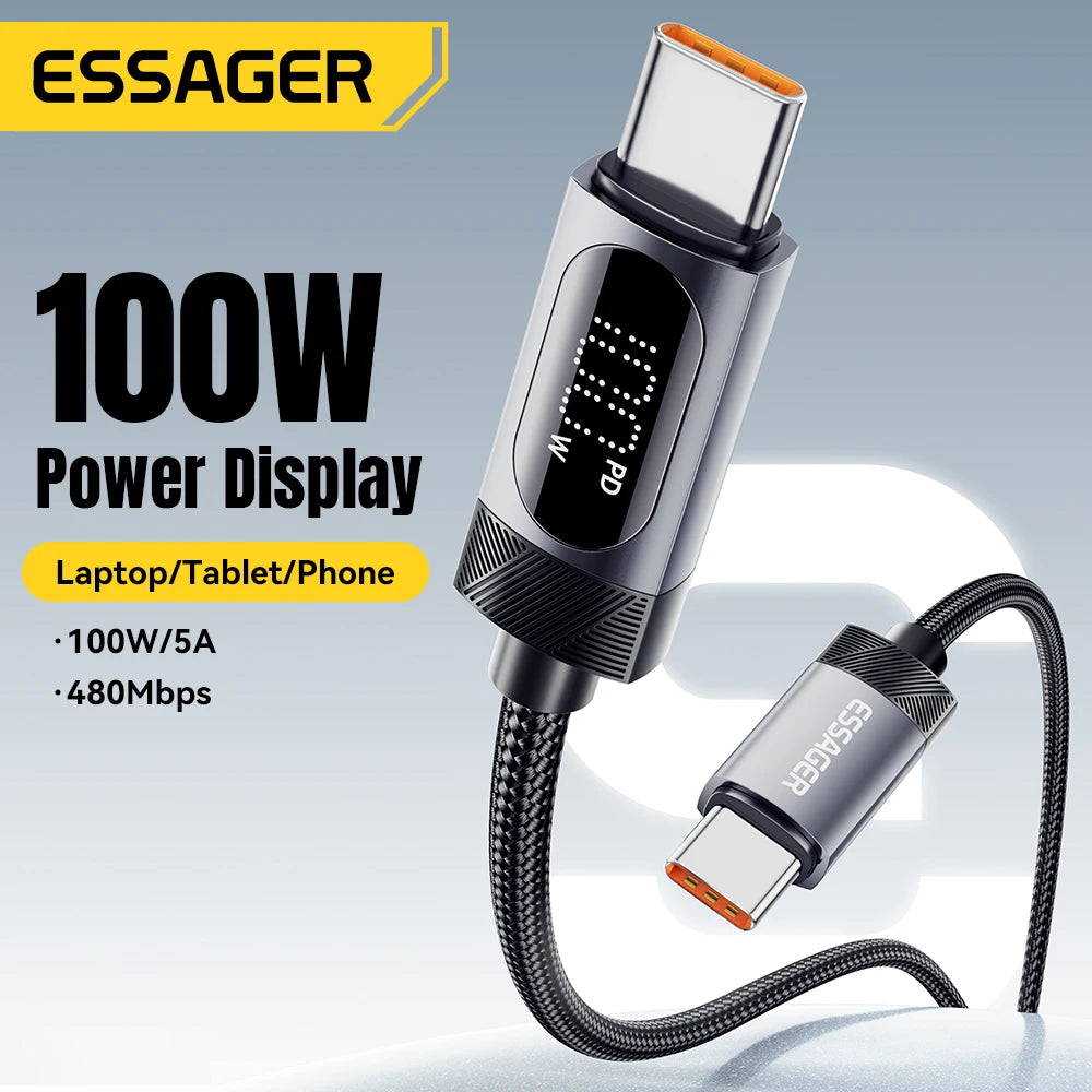 كيبل USB-C إلى USB-C مع شاشة رقمية من ESSAGER – شحن سريع PD 100W