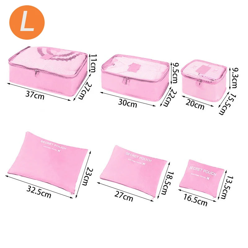 طقم تنظيم السفر – 6 قطع حجم كبير لترتيب الملابس، الأحذية، والمكياج داخل الشنطة