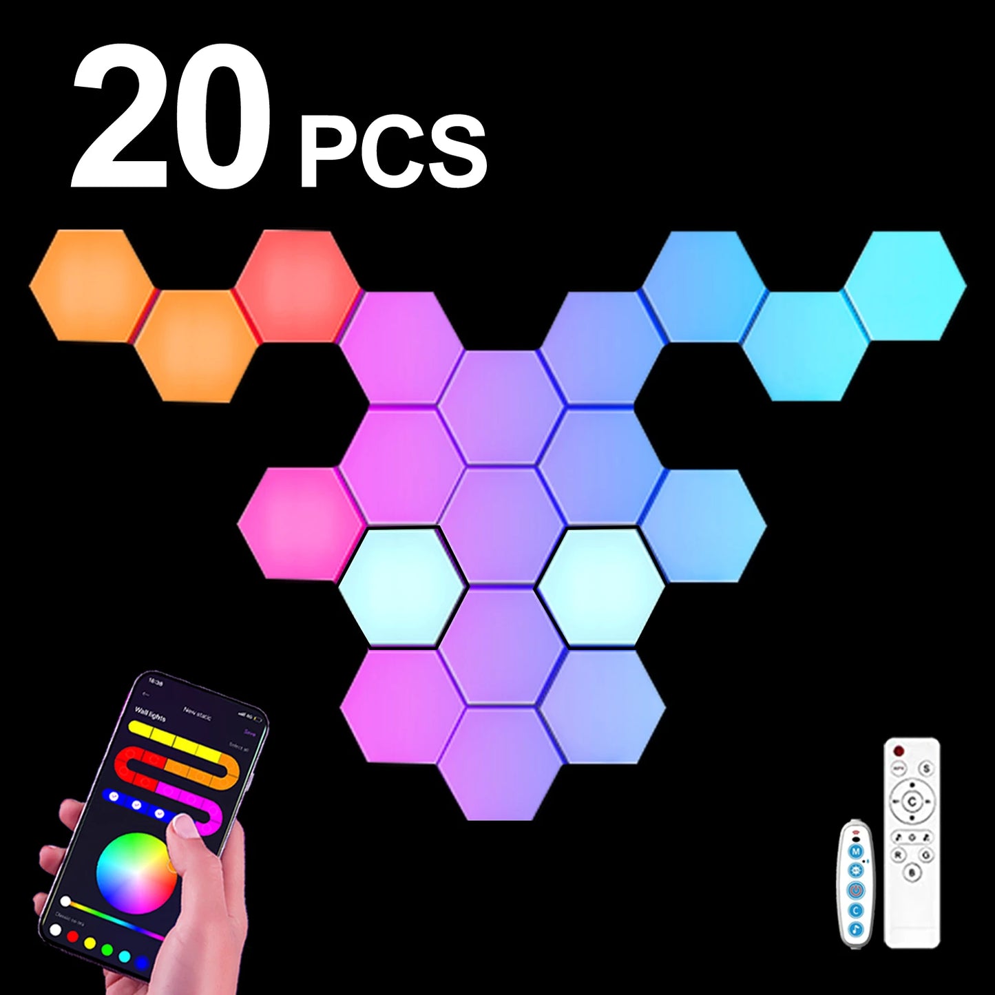 إضاءة جدارية ذكية سداسية الشكل – RGBW مع تحكم بالتطبيق ومزامنة موسيقى