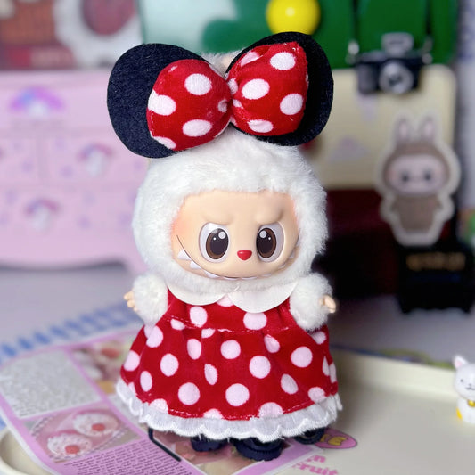 طقم أميرة لابوبو 15/17 سم – فستان منقط + ربطة شعر | لبس كيوت دميه لابوبو – 2 قطع DIY ستايل