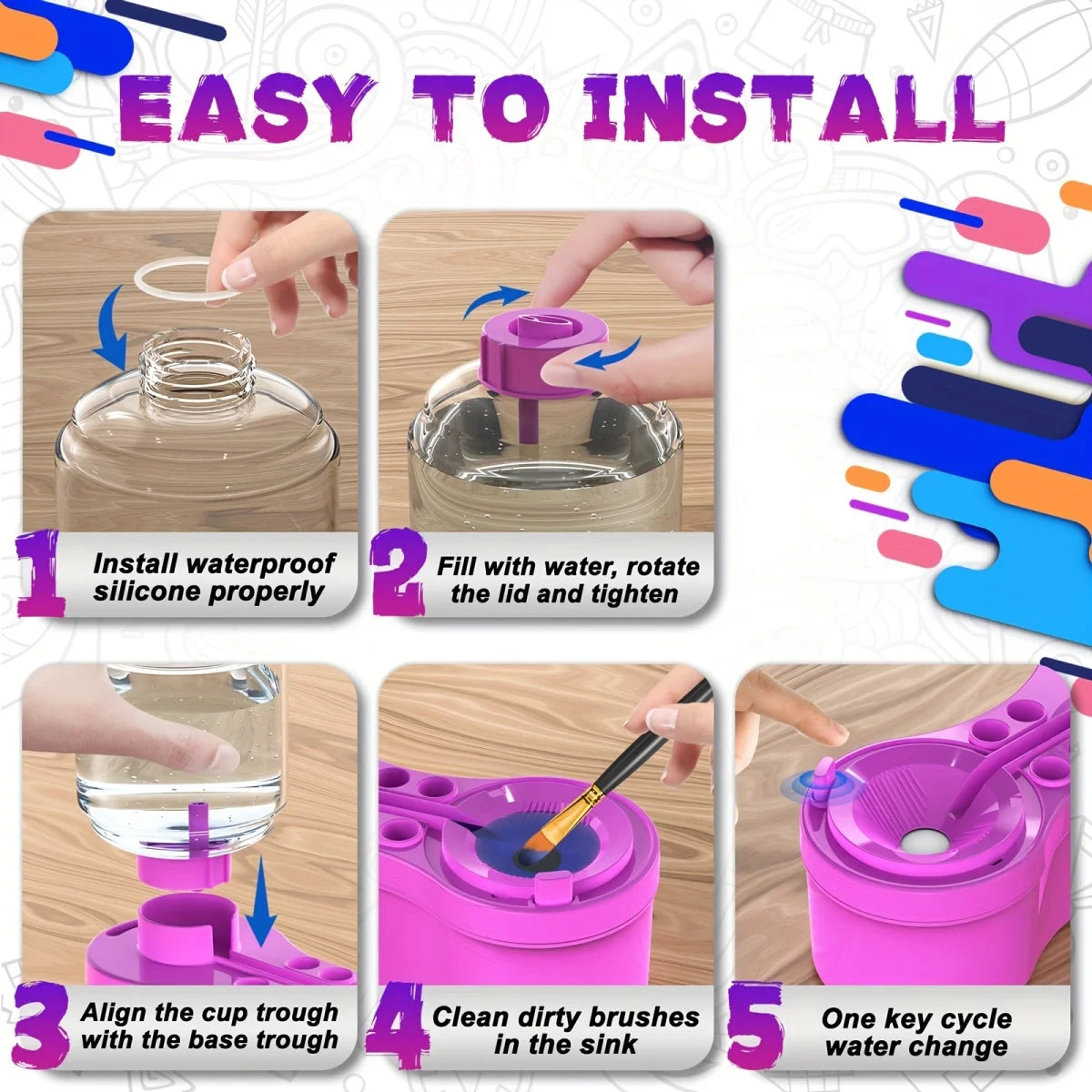 جهاز تنظيف فرش الرسم بتقنية تدوير الماء – زر تصريف، تنظيف تلقائي، أداة مبتكرة للفنانين