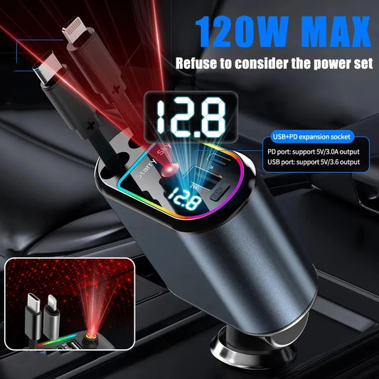 شاحن سيارة 4 في 1 سريع PD30W بمنفذ USB-C وقابل للسحب مع ضوء نجوم للسقف