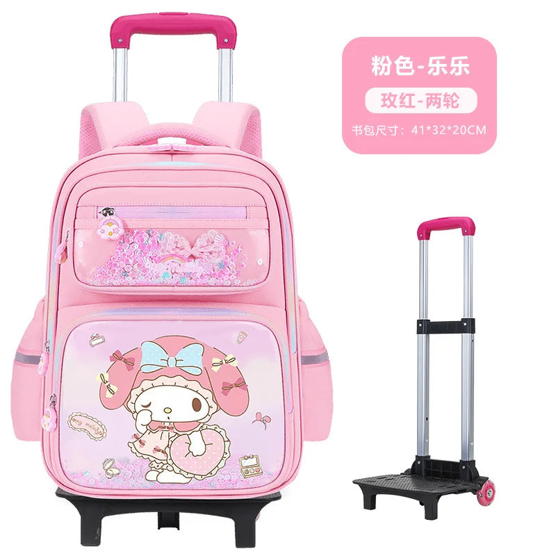 حقيبة مدرسية بعجلات Kuromi للبنات – تصميم كرتوني Melody – كبيرة السعة مع خيار 2 أو 6 عجلات لتخفيف الحمل