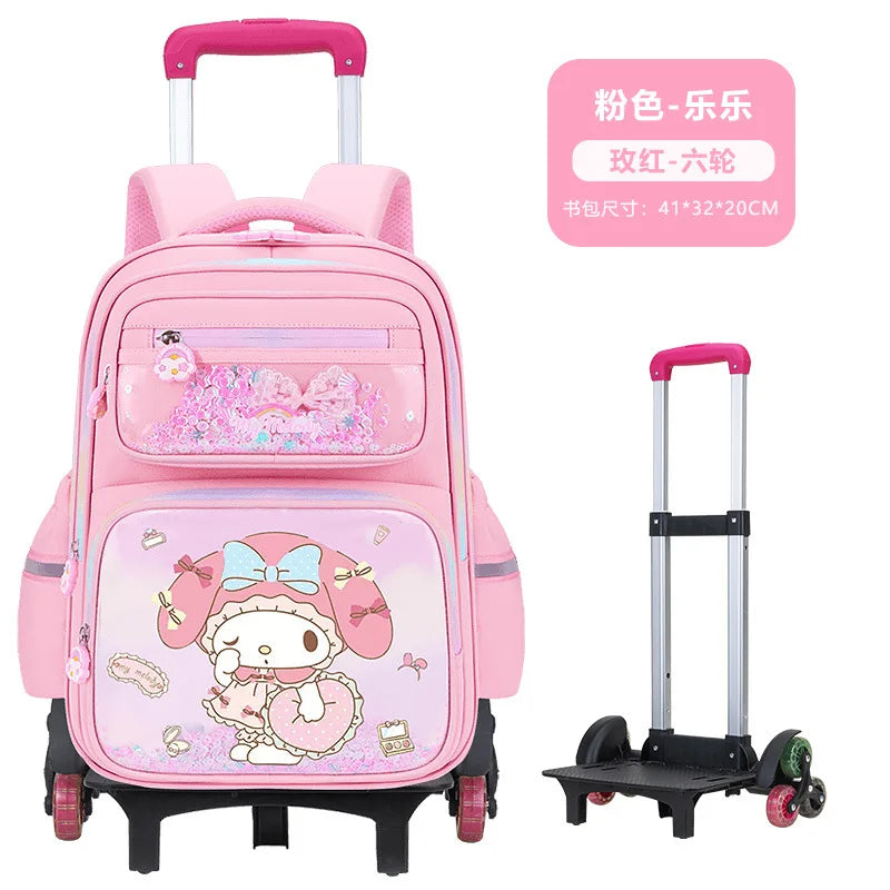 حقيبة مدرسية بعجلات Kuromi للبنات – تصميم كرتوني Melody – كبيرة السعة مع خيار 2 أو 6 عجلات لتخفيف الحمل