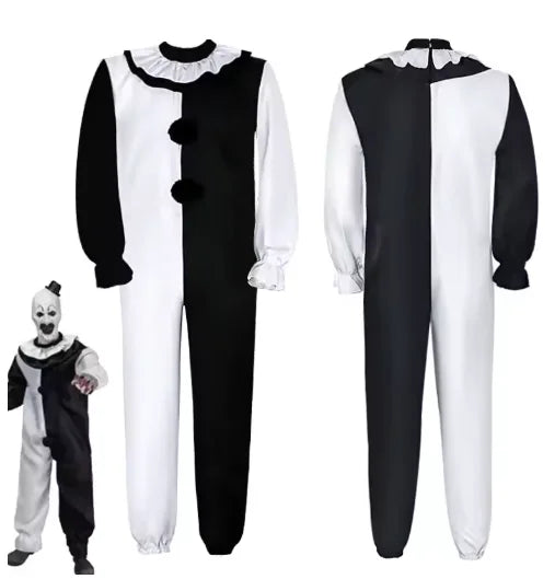 زي المهرّج المرعب للكبار – بدلة تنكرية للهالوين مع قناع مرعب وسكين إكسسوار