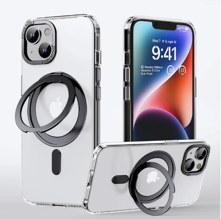 كفر آيفون مغناطيسي مع حامل دوّار 360° وقاعدة قابلة للطي – أزرار معدنية فاخرة ودعم MagSafe