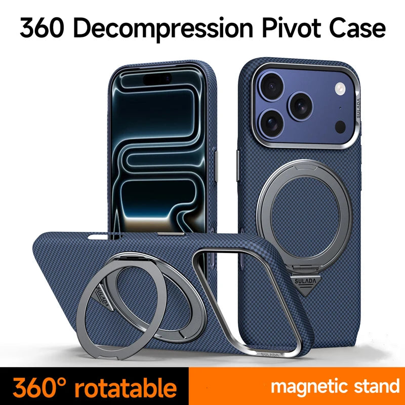 كفر آيفون مغناطيسي مع حامل دوّار 360° وعدسة سبائك – تصميم ألياف كربونية ودعم شحن لاسلكي