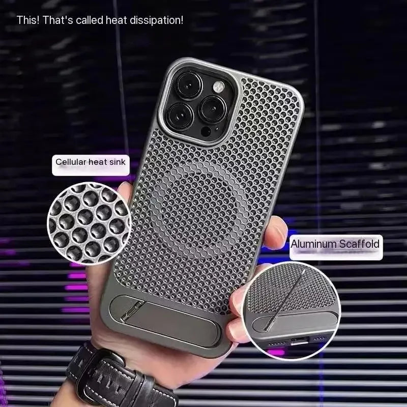 كفر آيفون معدني فائق النحافة مع حامل مخفي قابل للطي – تبديد حرارة وحماية ضد الصدمات
