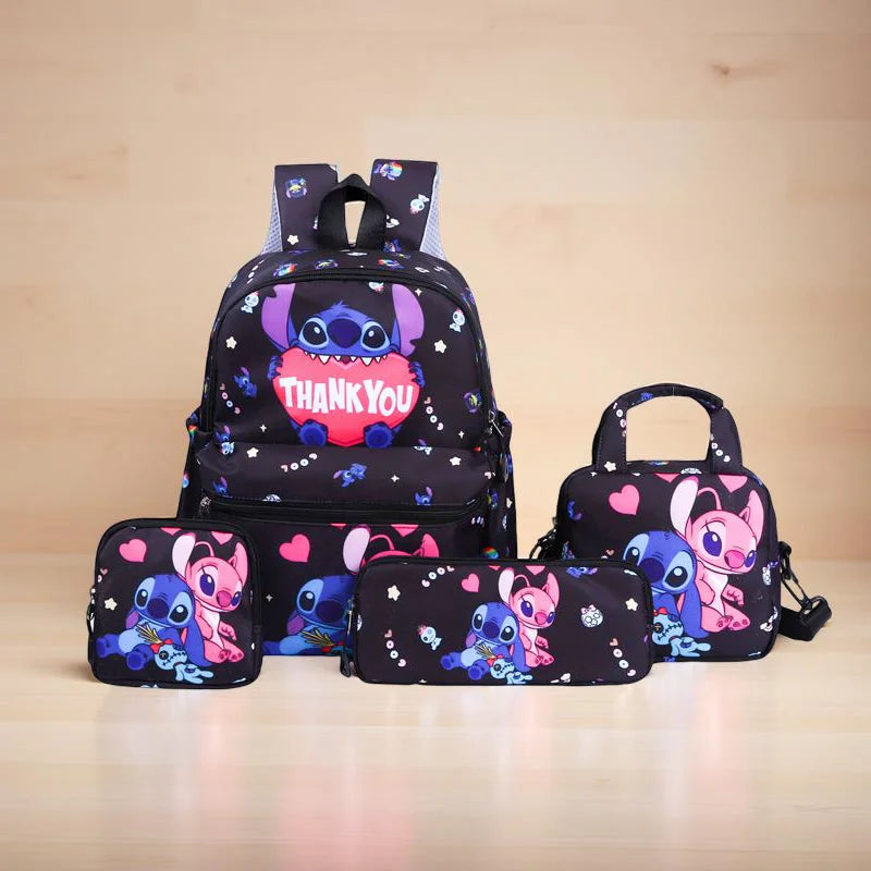 طقم من 4 قطع – حقيبة ظهر ستيتش، مقلمة، حقيبة كتف، محفظة، تصميم ستيتش وأنجل، حقيبة مدرسية، حقيبة سفر طلابية كاجوال، هدية.