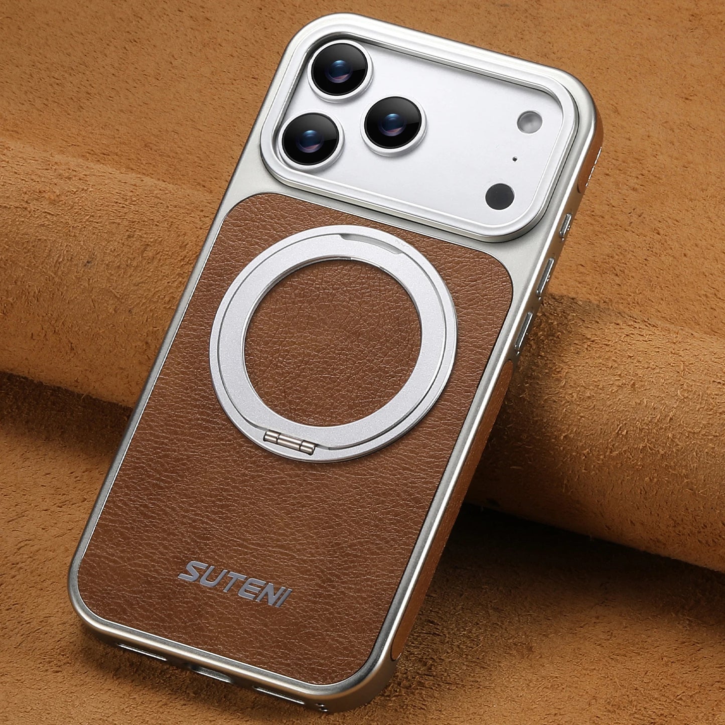 كفر آيفون جلدي مغناطيسي مع حامل دوّار 360° – دعم MagSafe والشحن اللاسلكي