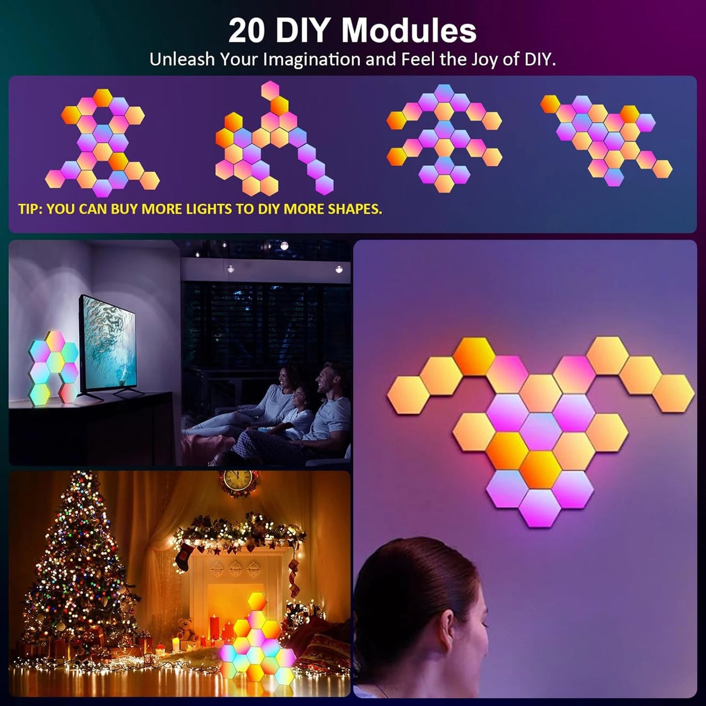 إضاءة جدارية ذكية سداسية الشكل – RGBW مع تحكم بالتطبيق ومزامنة موسيقى