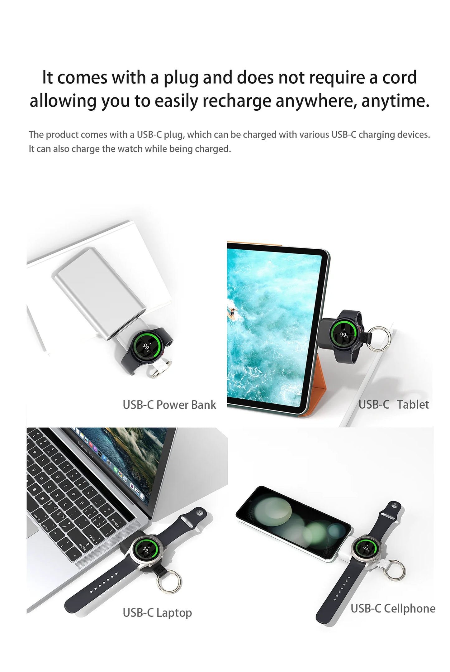 شاحن لاسلكي متنقل 1200mAh – متوافق مع ساعات Galaxy وPixel Watch، بحجم ميني وسرعة شحن ذكية