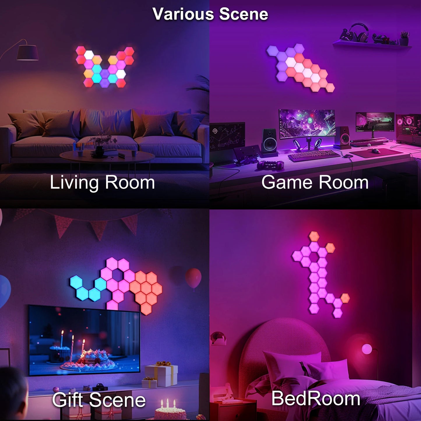 إضاءة جدارية ذكية سداسية الشكل – RGBW مع تحكم بالتطبيق ومزامنة موسيقى