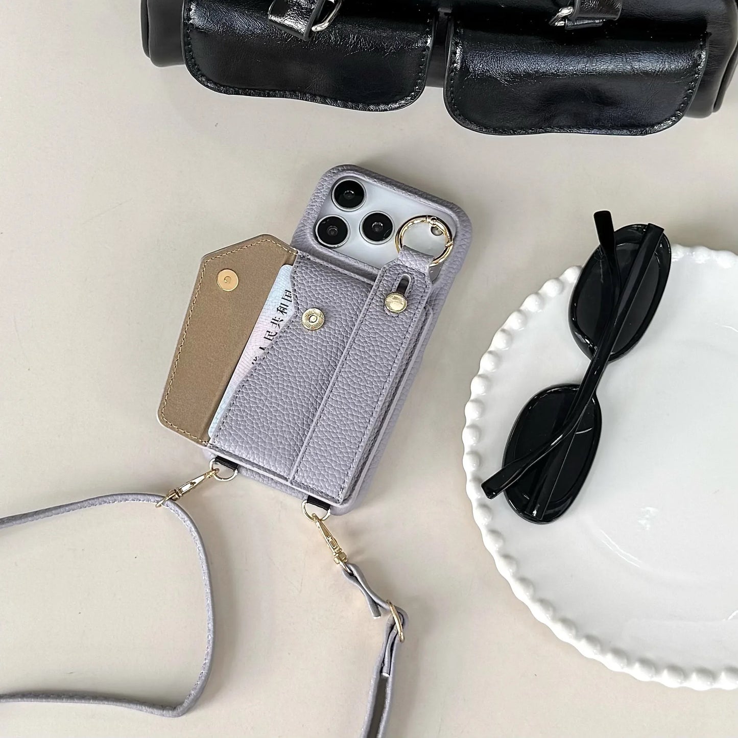 كفر آيفون جلد مع محفظة وحلقة + حزام كروس بودي ومعصم – حامل بطاقات وحماية متكاملة