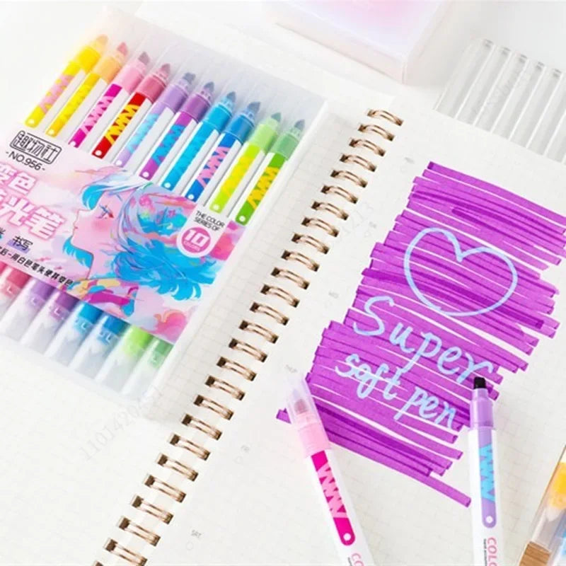 طقم 10 أقلام هايلايتر مزدوجة الرأس – ألوان سحرية تتغير، للمذكرات، السكربوك، والرسم الإبداعي