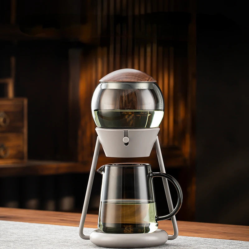 إبريق شاي كروي زجاجي عصري – تحضير شاي الكنج فو بضغط زر | تصميم كوكبي إبداعي سعة 500 مل