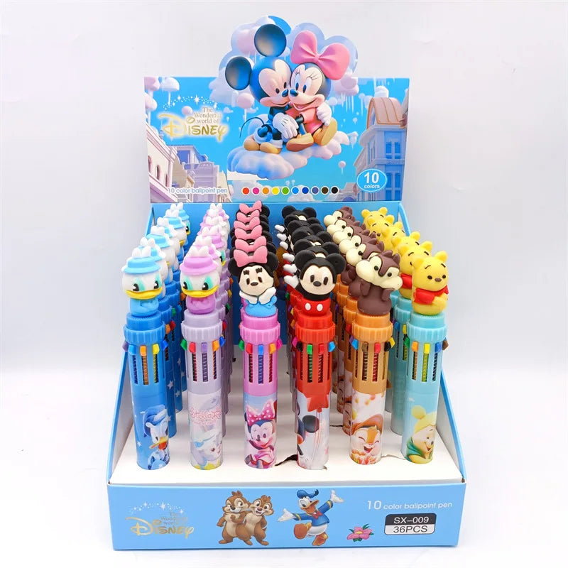 طقم 36 قلم حبر كرتوني – تصميم Disney Mickey بـ10 ألوان في كل قلم، مثالي للمدرسة والهدايا