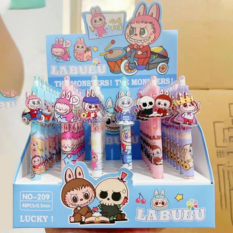 طقم أقلام جل Labubu – 48 قلم من سلسلة "Prohibit Anxiety" الكرتونية، تصميم كاوايي، حبر أسود 0.5 ملم