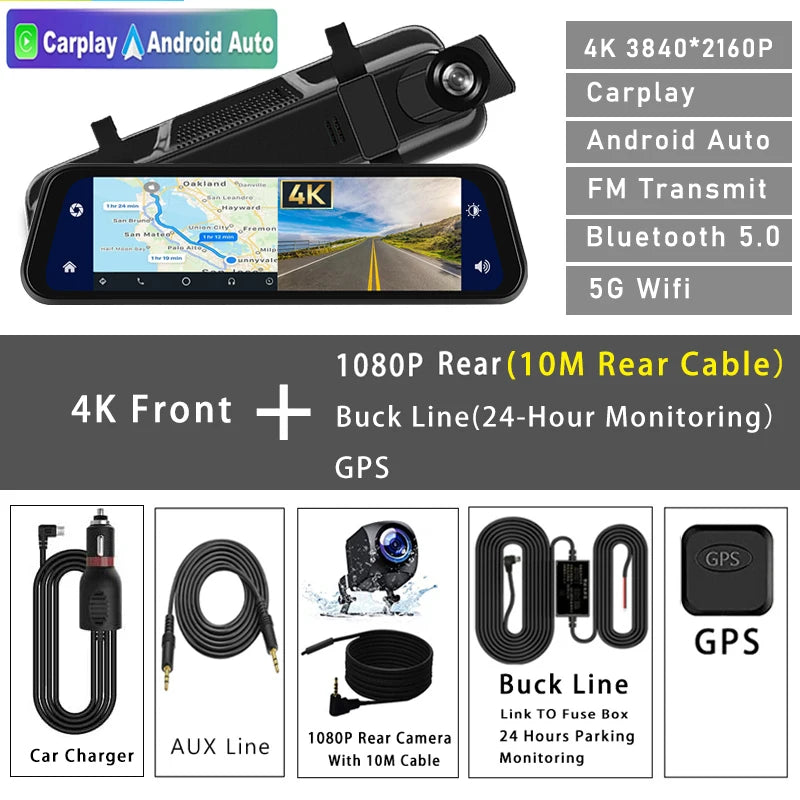 كاميرا مراية للسيارة بدقة 4K – مع GPS وCarPlay وAndroid Auto