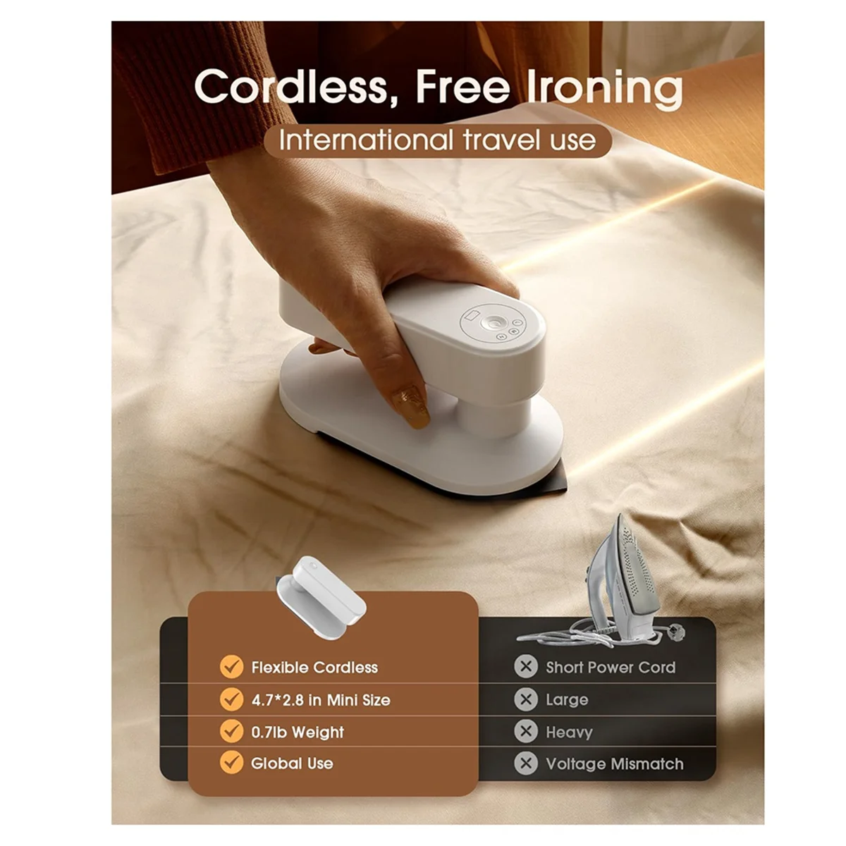 مكواة سفر لاسلكية صغيرة الحجم خفيفة الوزن (0.32 كجم) – كيّ جاف للملابس مع صندوق تخزين ووسائد حرارية