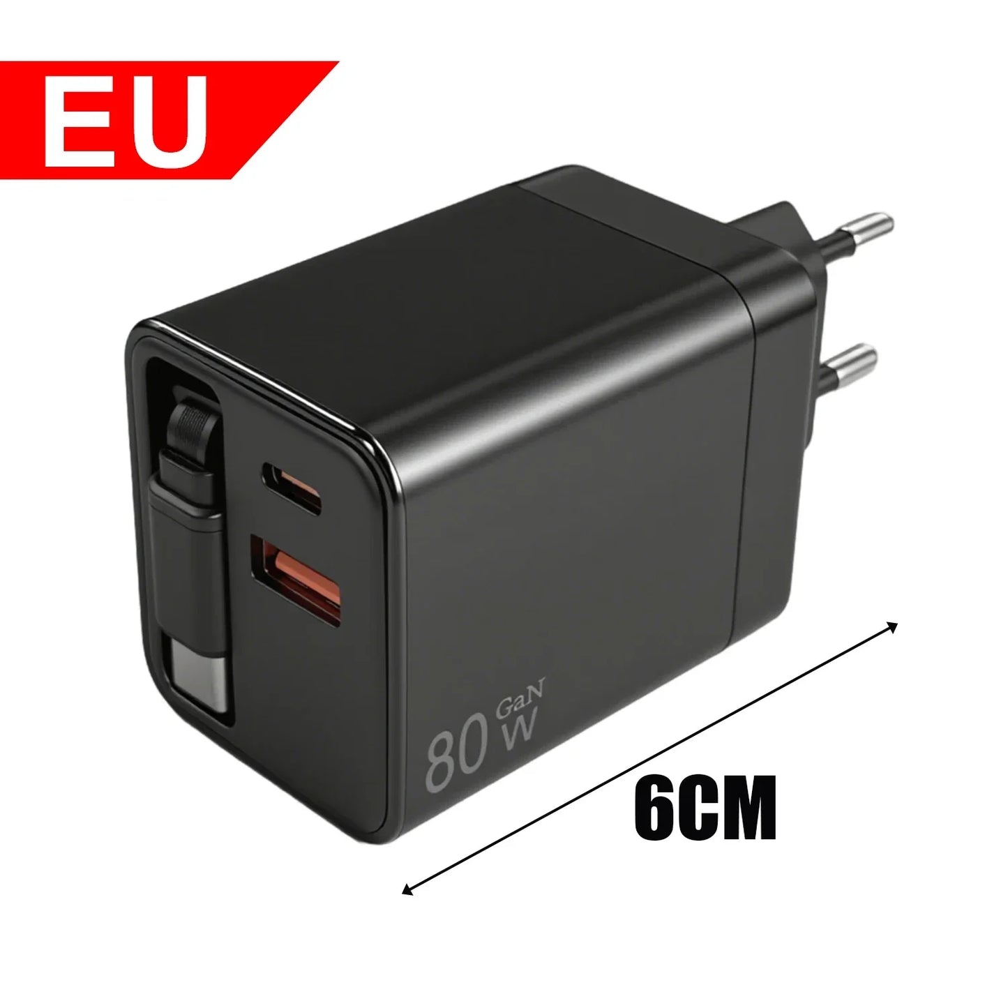 شاحن حائط USB-C سريع 80W مع كيبل تايب-سي قابل للسحب – منفذين شحن لأجهزة آيفون وسامسونج