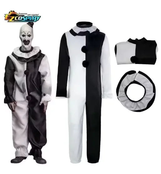 زي المهرّج المرعب للكبار – بدلة تنكرية للهالوين مع قناع مرعب وسكين إكسسوار