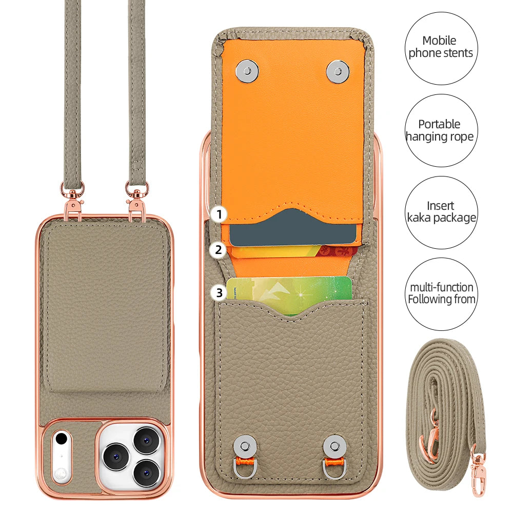 كفر آيفون جلد PU مع حامل بطاقات وحزام كروس بودي طويل – تصميم مطلي أنيق من VIETAO