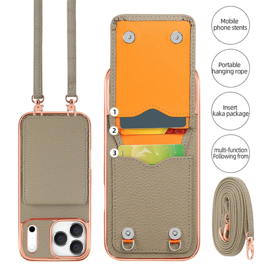 كفر آيفون جلد PU مع حامل بطاقات وحزام كروس بودي طويل – تصميم مطلي أنيق من VIETAO