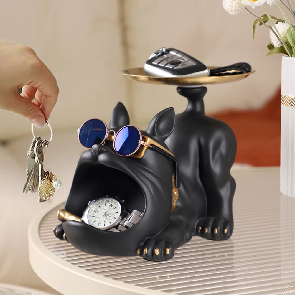 تمثال بولدغ فرنسي مع صينية لحمل المفاتيح – ديكور عملي وفخم للمنزل أو المكتب