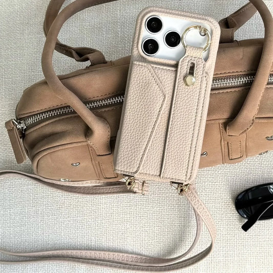 كفر آيفون جلد مع محفظة وحلقة + حزام كروس بودي ومعصم – حامل بطاقات وحماية متكاملة