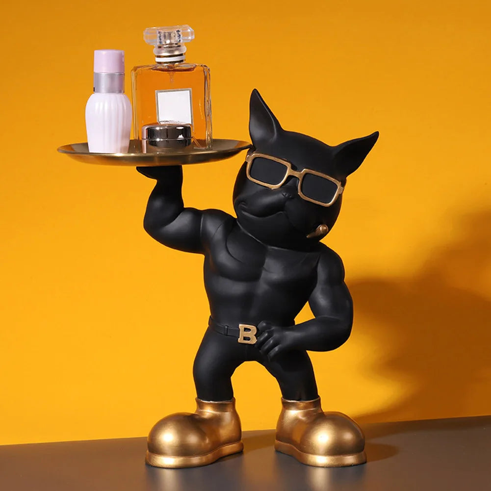 تمثال بولدغ فرنسي مع صينية لحمل المفاتيح – ديكور عملي وفخم للمنزل أو المكتب