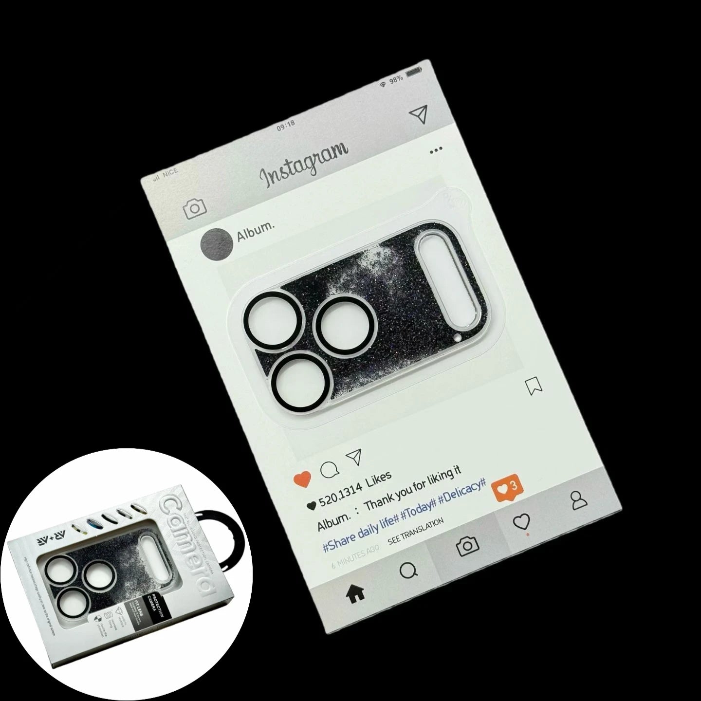 لاصق عدسة كاميرا آيفون 17 برو ماكس 3D بلمعة متحركة – حماية كاملة 9D ضد الخدش