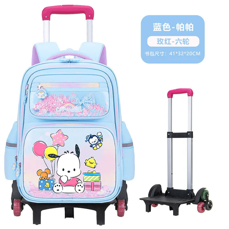 حقيبة مدرسية بعجلات Kuromi للبنات – تصميم كرتوني Melody – كبيرة السعة مع خيار 2 أو 6 عجلات لتخفيف الحمل