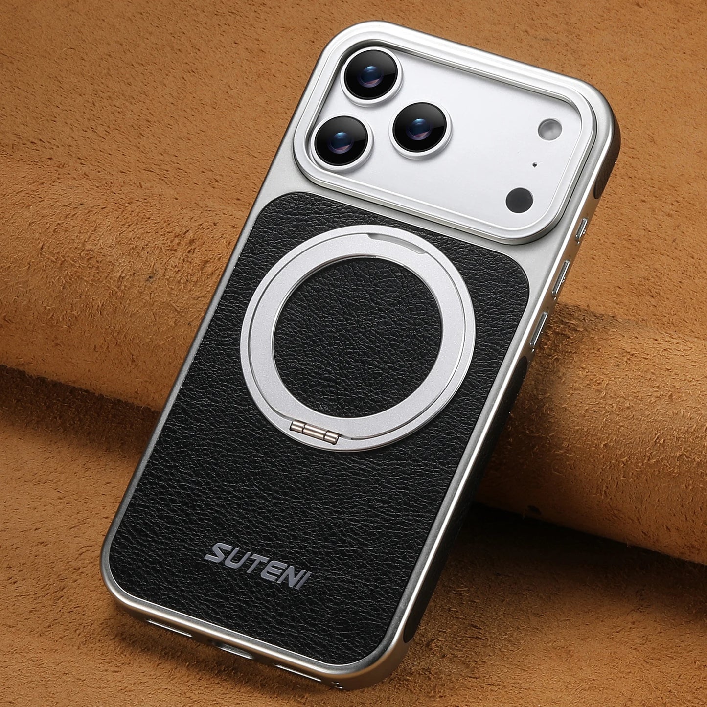 كفر آيفون جلدي مغناطيسي مع حامل دوّار 360° – دعم MagSafe والشحن اللاسلكي