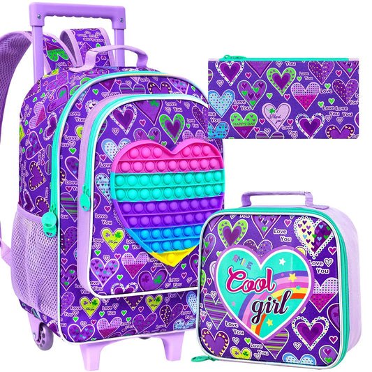 حقيبة مدرسية بعجلات للأطفال مع حقيبة غداء – تصميم يونيكورن وردي (3 قطع)