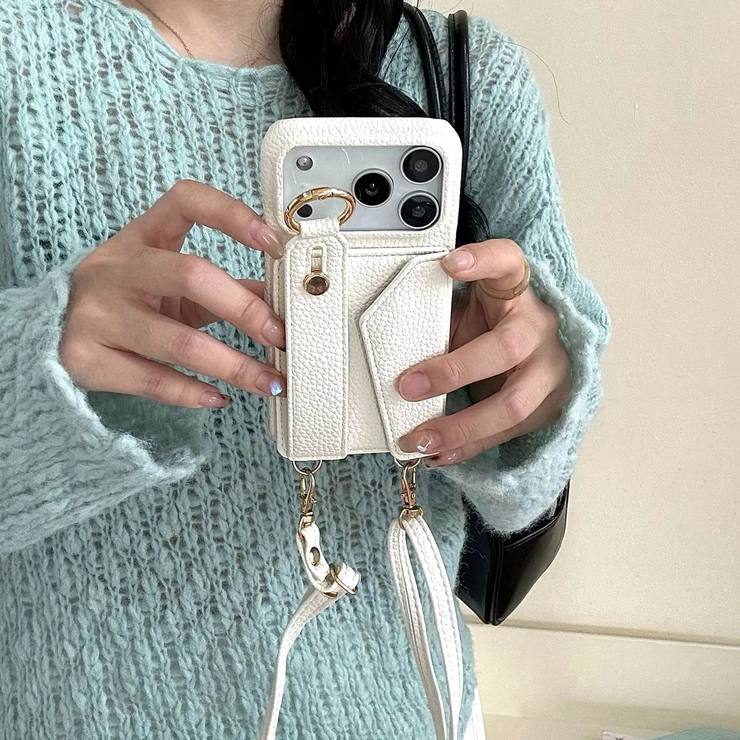 كفر آيفون جلد مع محفظة وحلقة + حزام كروس بودي ومعصم – حامل بطاقات وحماية متكاملة