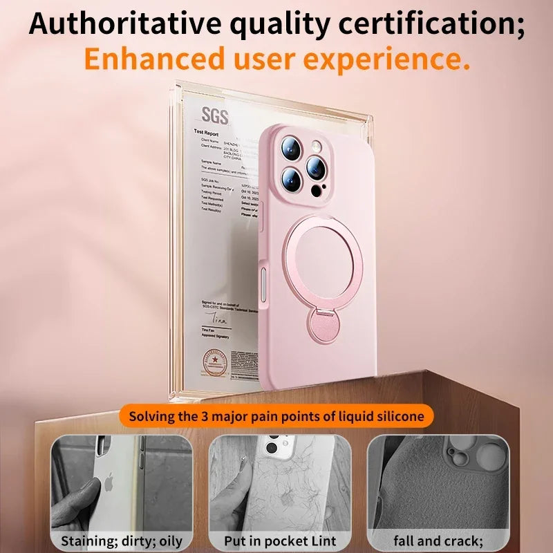 كفر آيفون سيليكون سائل مغناطيسي مع حامل وحبل تعليق – دعم MagSafe وحماية ضد السقوط