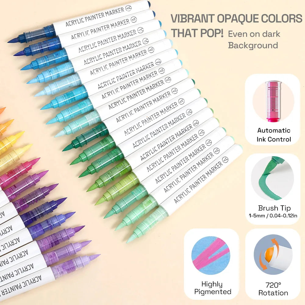 مجموعة ماركر أكريليك بـ 9 ألوان احترافية – رأس فرشاة وتحكم أوتوماتيكي بالحبر لتجربة رسم دقيقة وسلسة