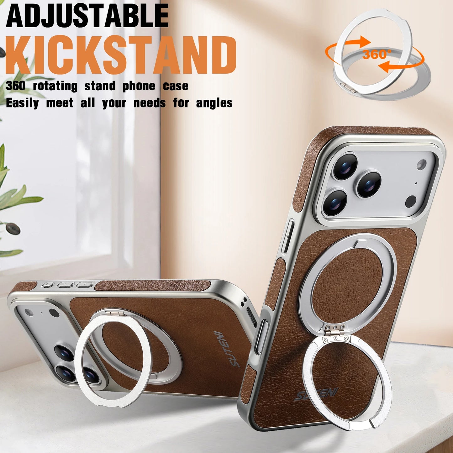 كفر آيفون جلدي مغناطيسي مع حامل دوّار 360° – دعم MagSafe والشحن اللاسلكي