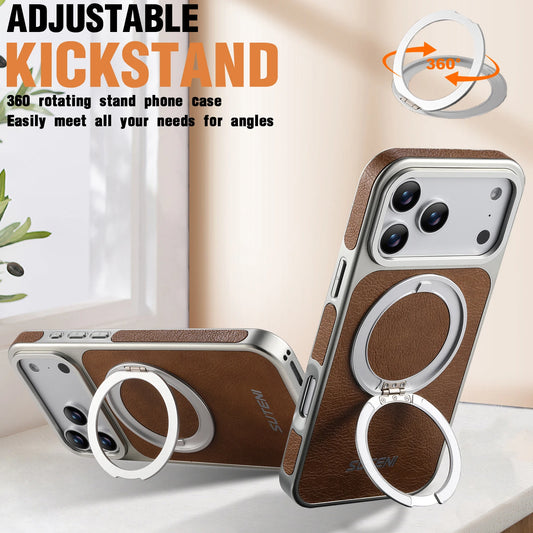 كفر آيفون جلدي مغناطيسي مع حامل دوّار 360° – دعم MagSafe والشحن اللاسلكي