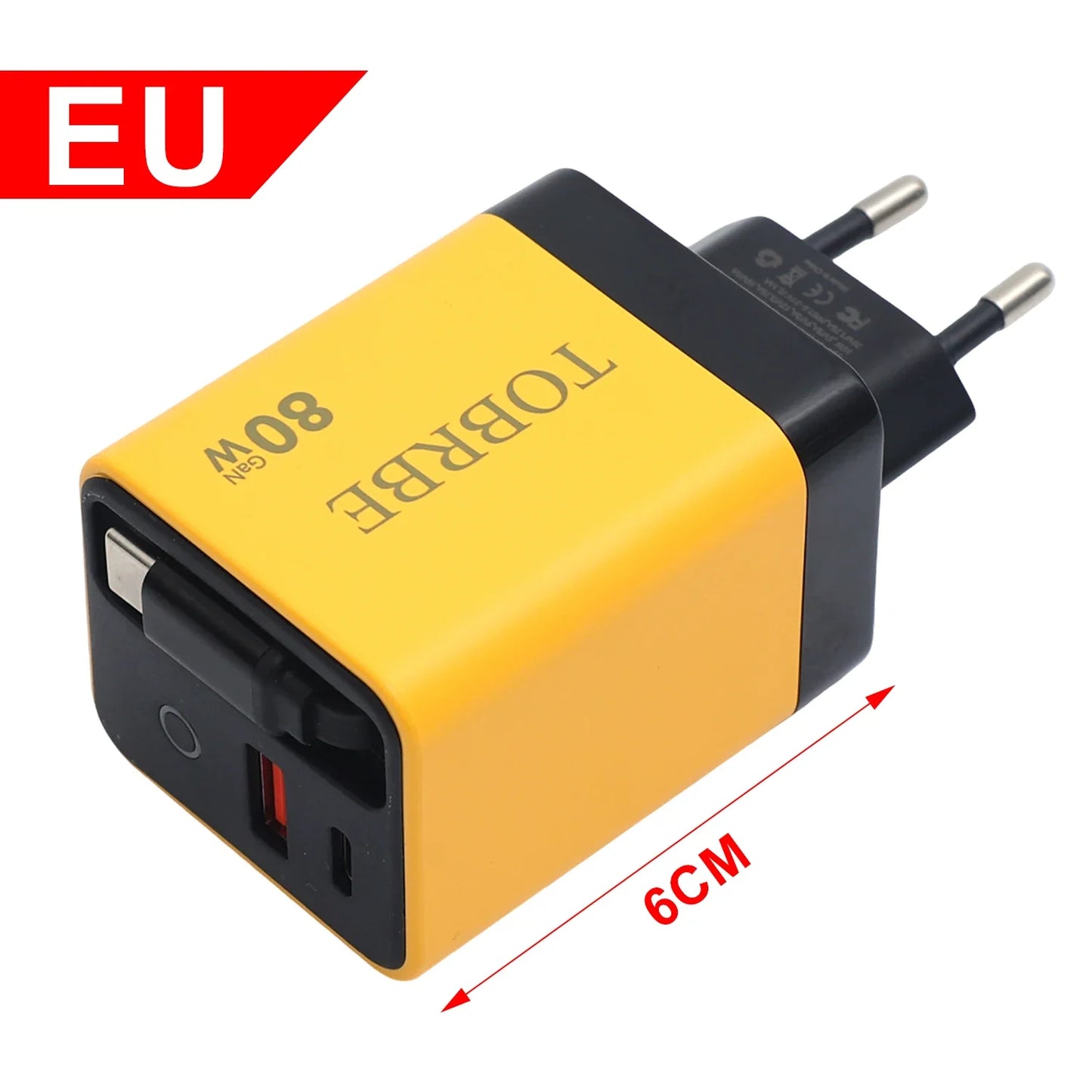 شاحن حائط USB-C سريع 80W مع كيبل تايب-سي قابل للسحب – منفذين شحن لأجهزة آيفون وسامسونج