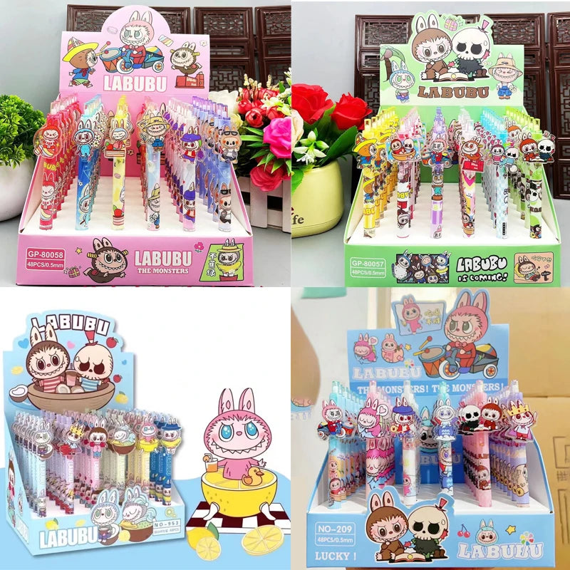طقم أقلام جل Labubu – 48 قلم من سلسلة "Prohibit Anxiety" الكرتونية، تصميم كاوايي، حبر أسود 0.5 ملم